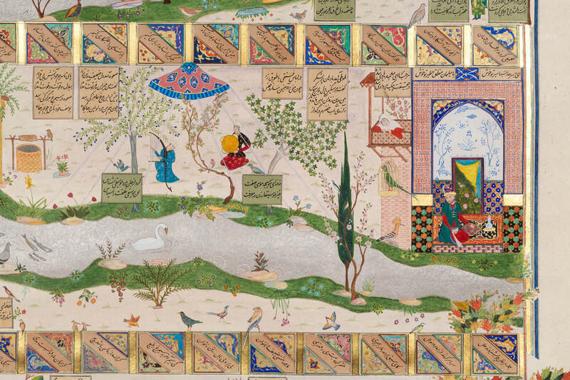 A modern painting from a collection of Farkhondeh Ahmadzadeh's tryptic sets of paintings depicting the 13th century epic poem titled "Conference of the Birds" by Attar of Nishapur. In this scene, the Garden of Paradise, or Jannat is depicted through the character's spiritual journey.