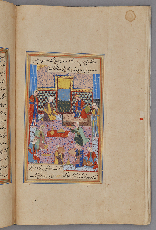 Miniature painting taken from a Nigaristan manuscript (East Azerbaijan, province of Iran). The miniature features the grandeur of the Caliph Harun al-Rashid's palace. In the painting, his vizer is seated at the top of the room, receiving guests on behalf of the Caliph who is not pictured. In Thousand and One Nights, the Caliph is depicted as "The Well-Guided" whose rise to power and wise actions paint him as a strong, well-suited ruler for Baghdad. The Caliph is perhaps more well-known for his support of the arts, literature and science which led to his creation of the "House of Wisdom", the Grand Library of Baghdad. He is also known for his grand gift to Charlemange, the King of the Franks, to whom he sent an elephant to Europe as a gift for the European ruler. 