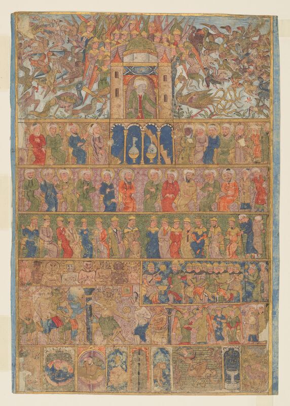 Illuminated manuscript illustrating Solomon enthroned at the top centre of the illustration. The illustration of the wise and powerful king features him above horizantal rows of his subjects. Simillarly to the AKM PS24 robe, the character known in Islamic tellings as the "Jinn", or in Persian tellings as "Divs" (demon) are pictured on the second row from the bottom of the page, as large, horned creatures. In the Qur'an and the Shahnameh, King Solomon is titled as the "King of the Jinn", possessing the power to control and communicate with all creatures including the demons who he summons to do his work. The manuscript was dedicated to Ottoman Sultan Bayazid. Source: (https://viewer.cbl.ie/viewer/image/T_406_1/1/)