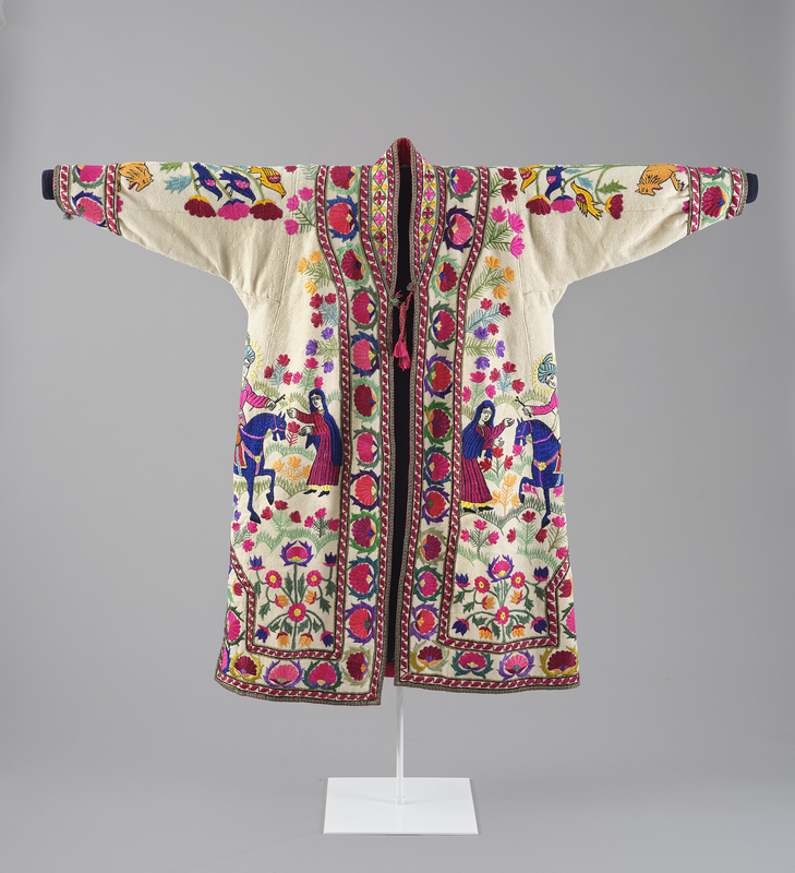 20th-century Central Asian robe displayed in the Aga Khan Museum (Toronto) in Hidden Stories: Books Along the Silk Roads exhibit (exhibited during 2021-2022). The felted robe features four embroidered stories ranging from different cultures, religions, and ages. The robe depicts scenes deriving from the Qur'an, the Shahnameh, the Khamsa of Nizami, Thousand and One Nights and sources of Greek and Persian poetry.