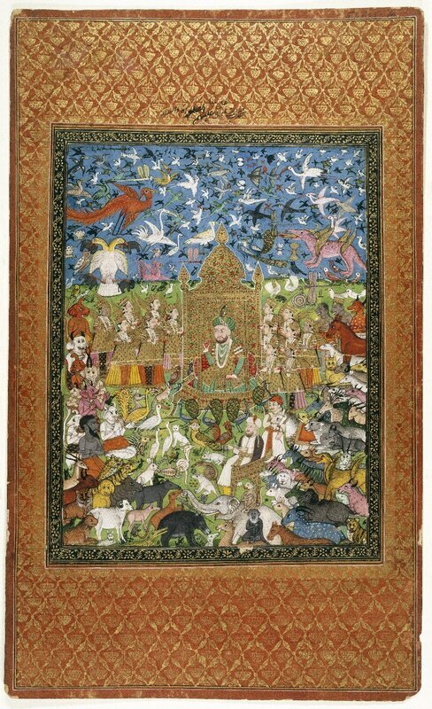 Painting of King Solomon's seated on a gold throne above a congregation of creatures and beings. The image was likely intended to demonstrate the King's influence over the realm of animals, angels, celestial beings and demons. The horned human-like creatures bear a strong resemblance to Islamic artistic representations of the Jinn, a demon or genie, a mythological invisible evil force. In Islamic tales and within the Qur'an, Solomon is referenced as the ruler of the Jinn.